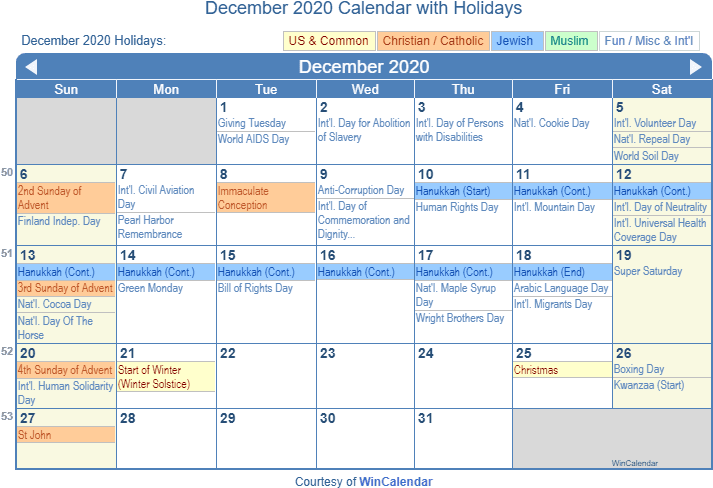 December2020 Holiday Calendar PNG Image