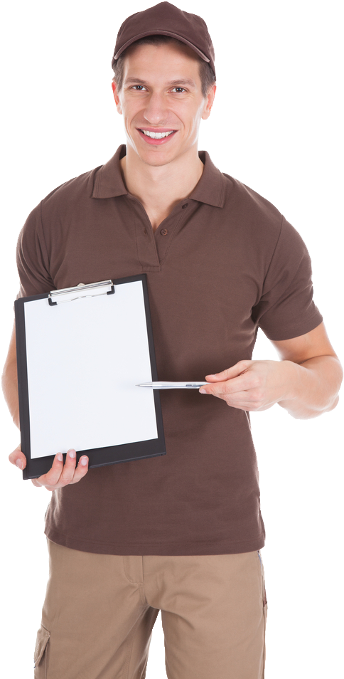 Delivery Man Presenting Clipboard PNG Image