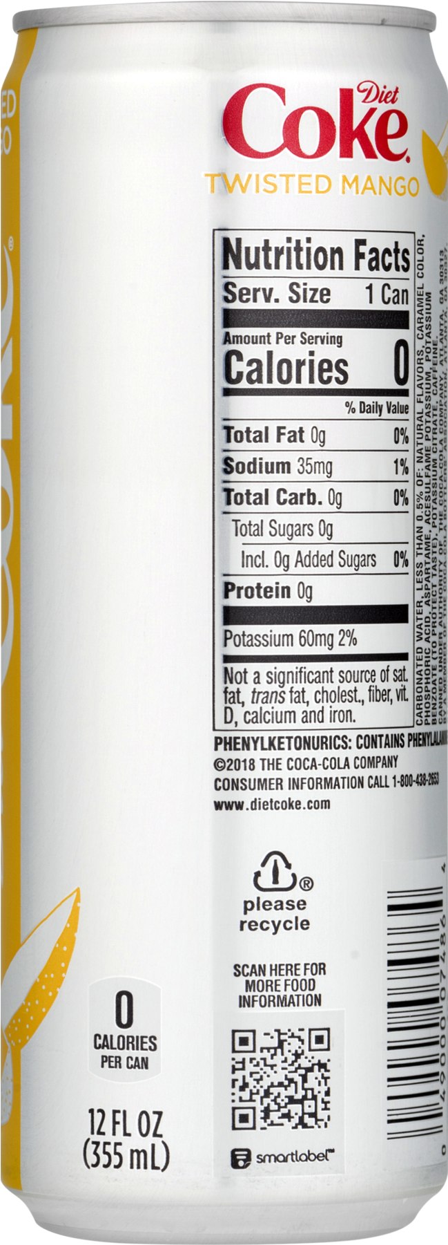 Diet Coke Twisted Mango Can Nutrition Label PNG Image