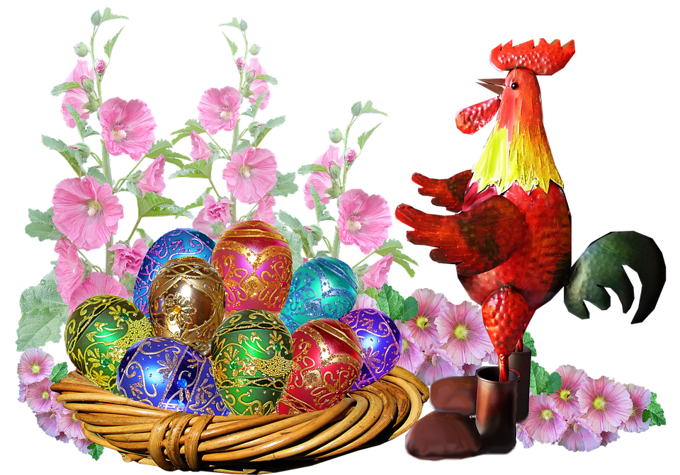 Easter Basketand Roosterwith Decorated Eggs PNG Image