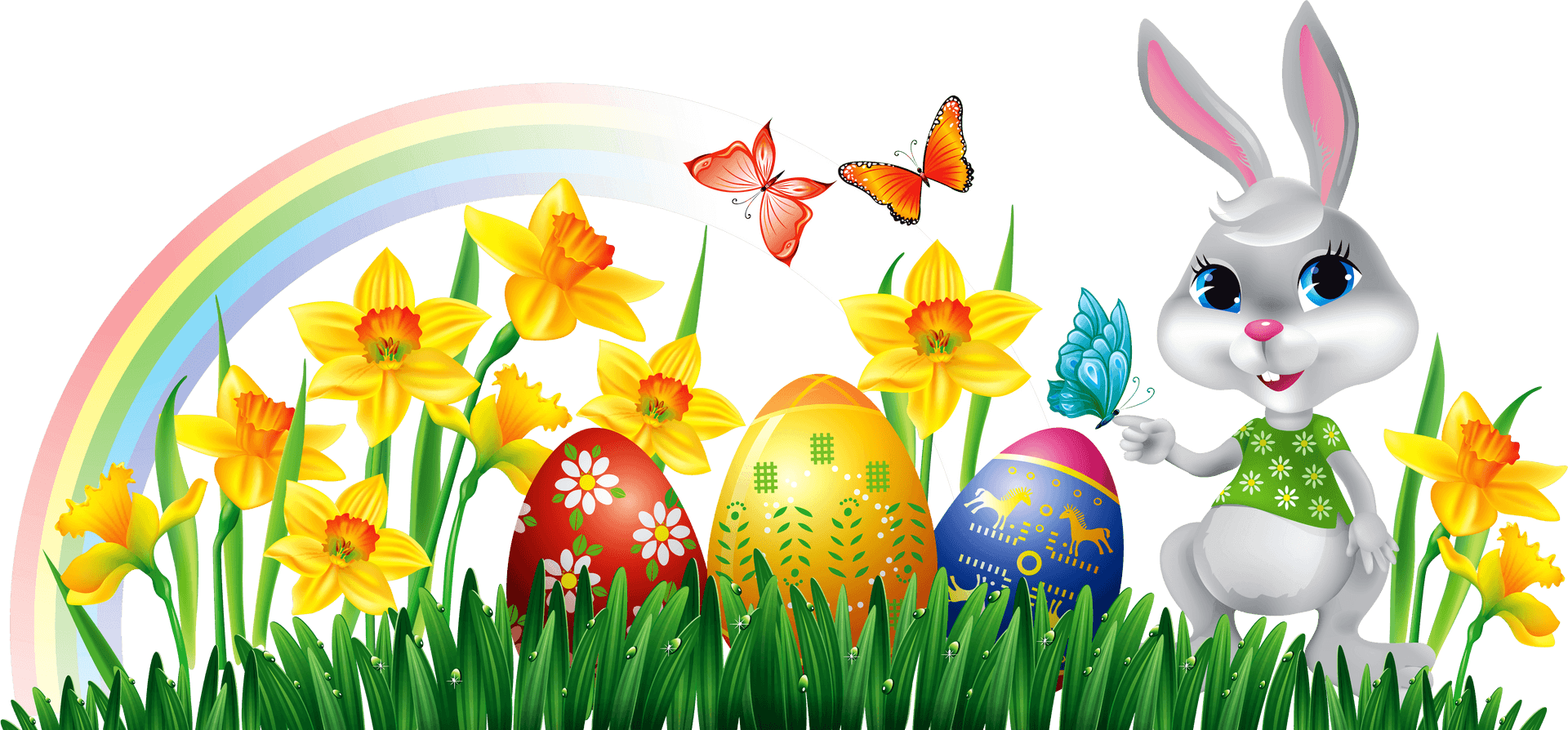 Easter Bunny Daffodils Rainbow PNG Image