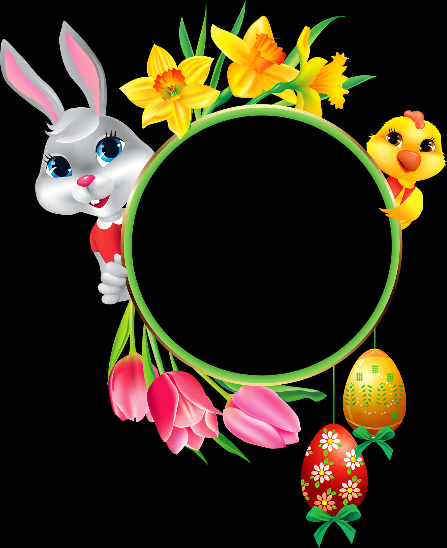 Easter Bunny Framewith Flowersand Chick PNG Image