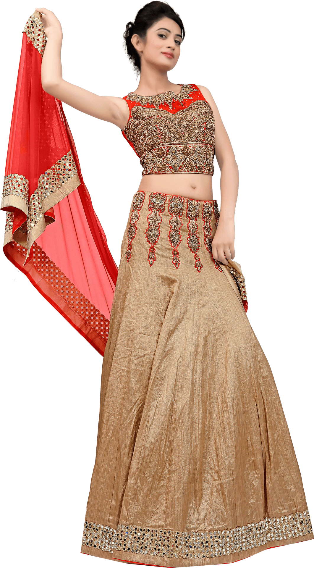 Elegant Beige Lehenga With Red Dupatta PNG Image