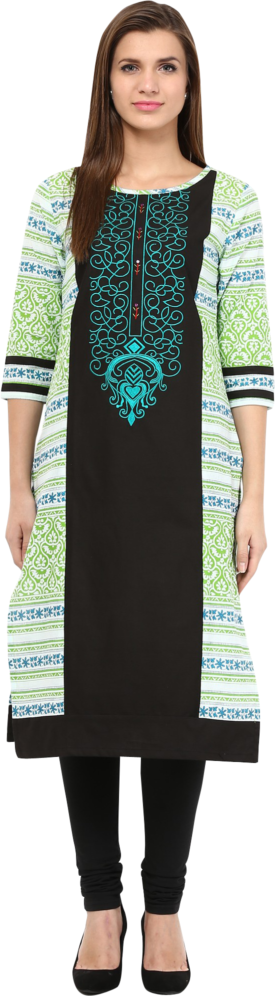 Elegant Black Green Embroidered Kurti PNG Image