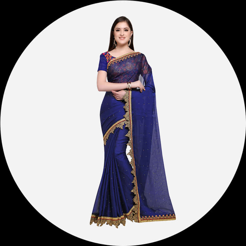 Elegant Blue Saree Model PNG Image