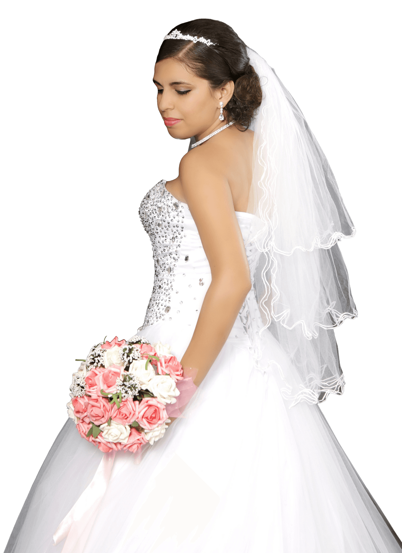 Elegant Bridein White Gownwith Bouquet PNG Image