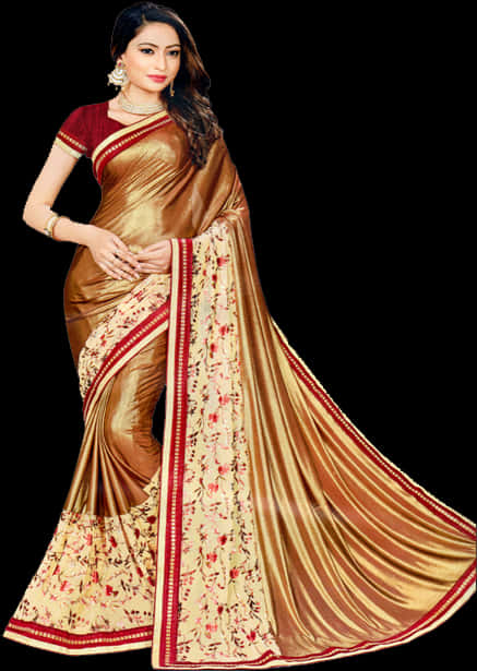 Elegant Brown Saree Model PNG Image