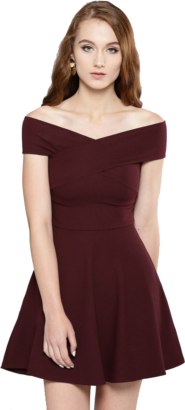 Elegant Burgundy Off Shoulder Dress PNG Image