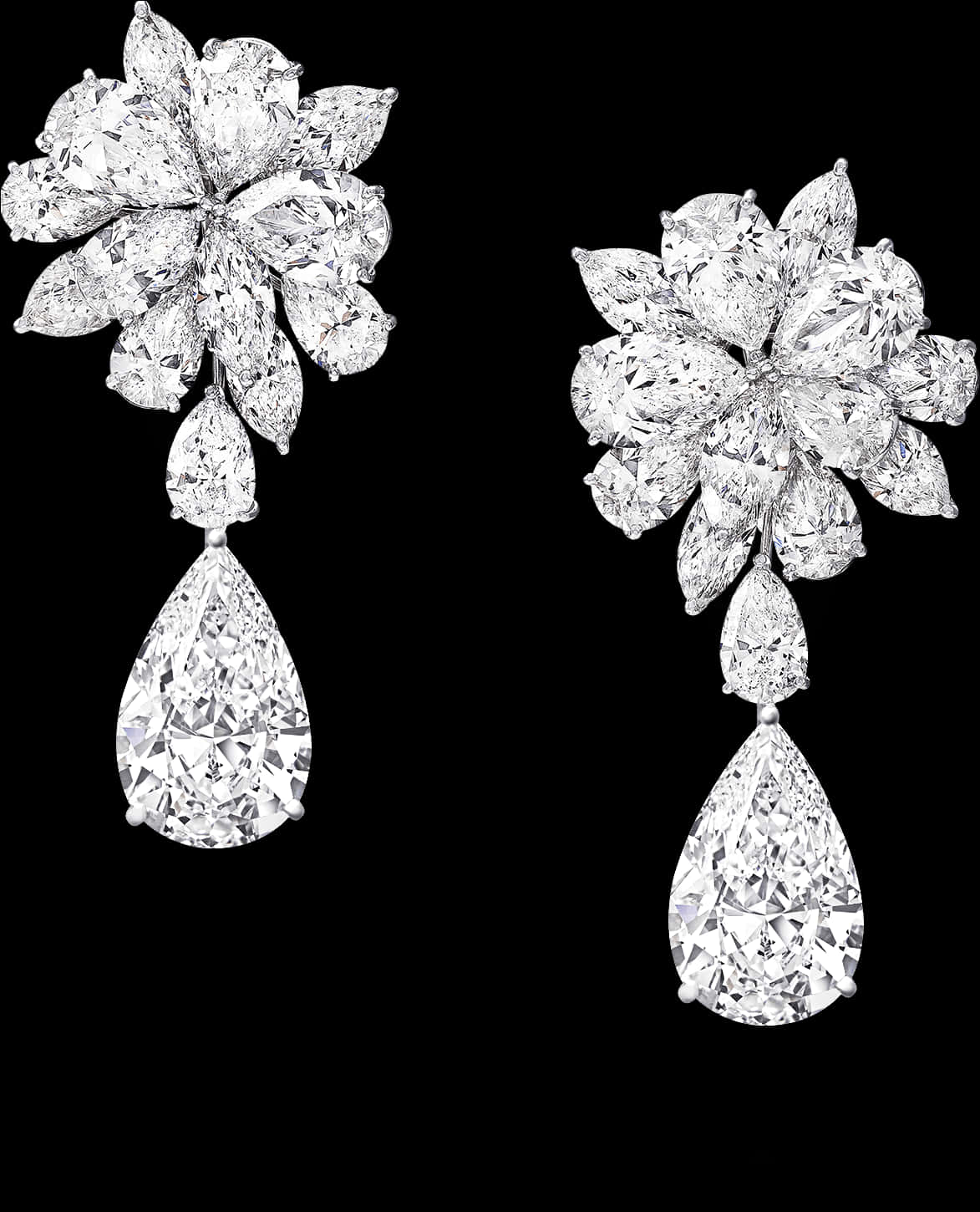 Elegant Diamond Flower Drop Earrings PNG Image