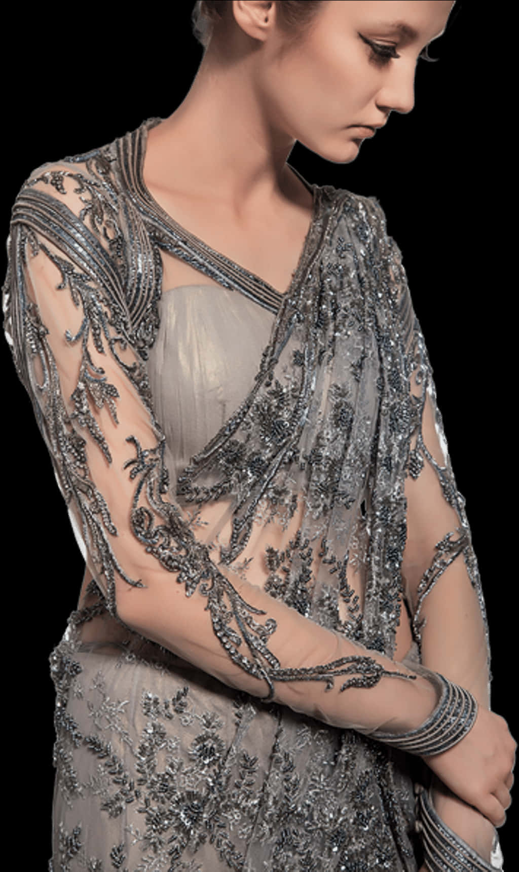 Elegant Embroidered Saree Model PNG Image