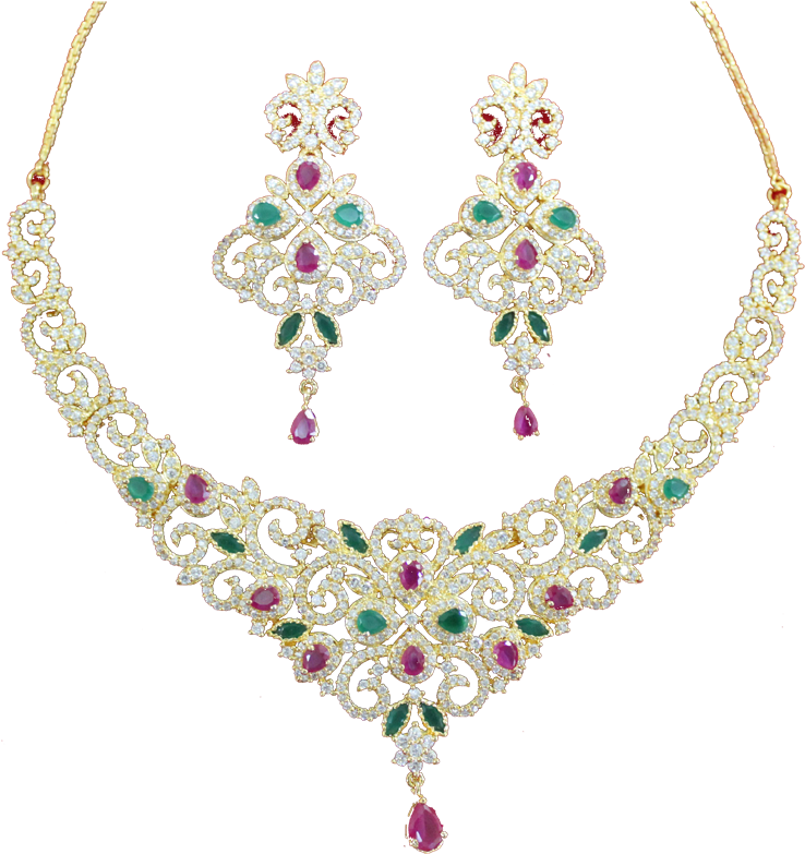 Elegant Gemstone Necklace Earrings Set PNG Image