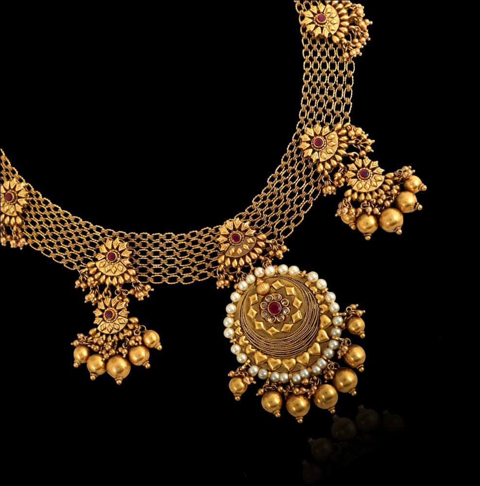 Elegant Golden Necklacewith Pearlsand Gems PNG Image