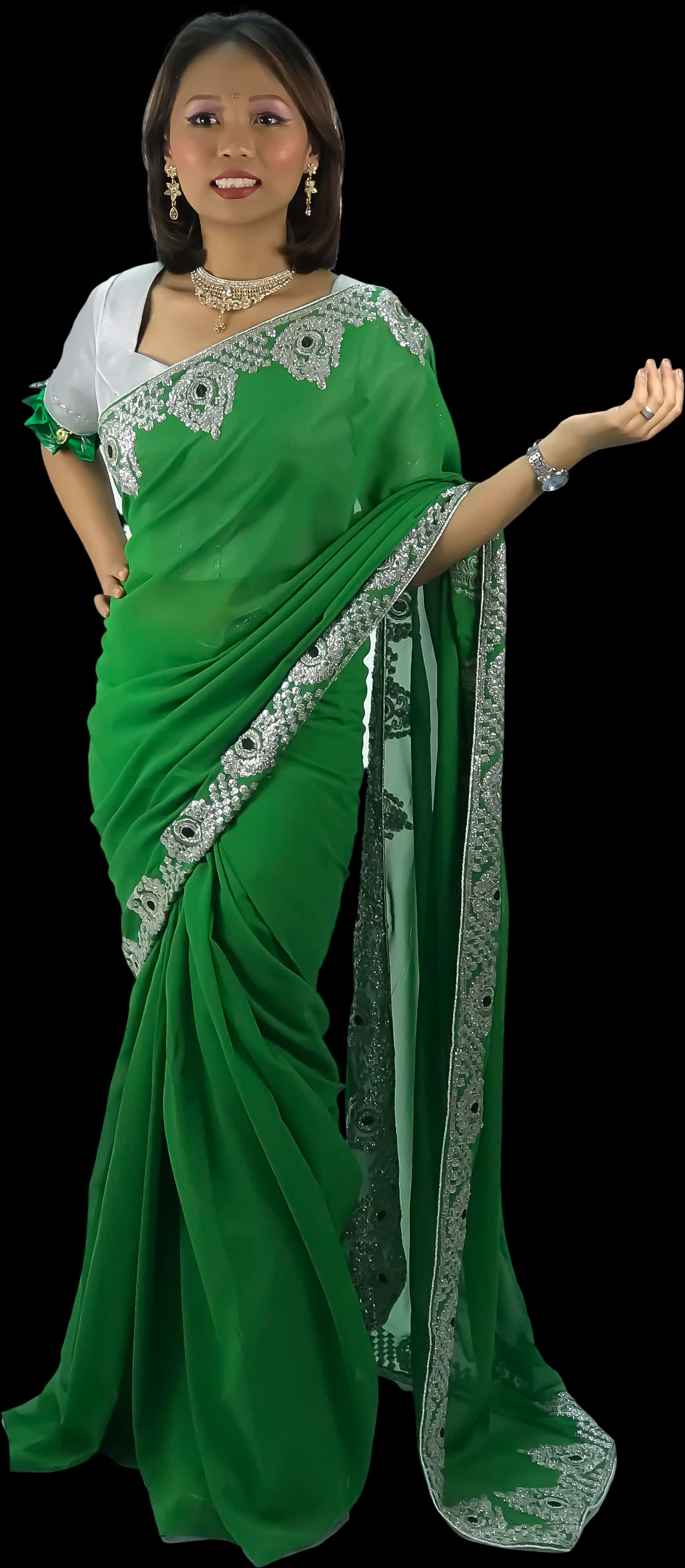 Elegant Green Saree Model PNG Image