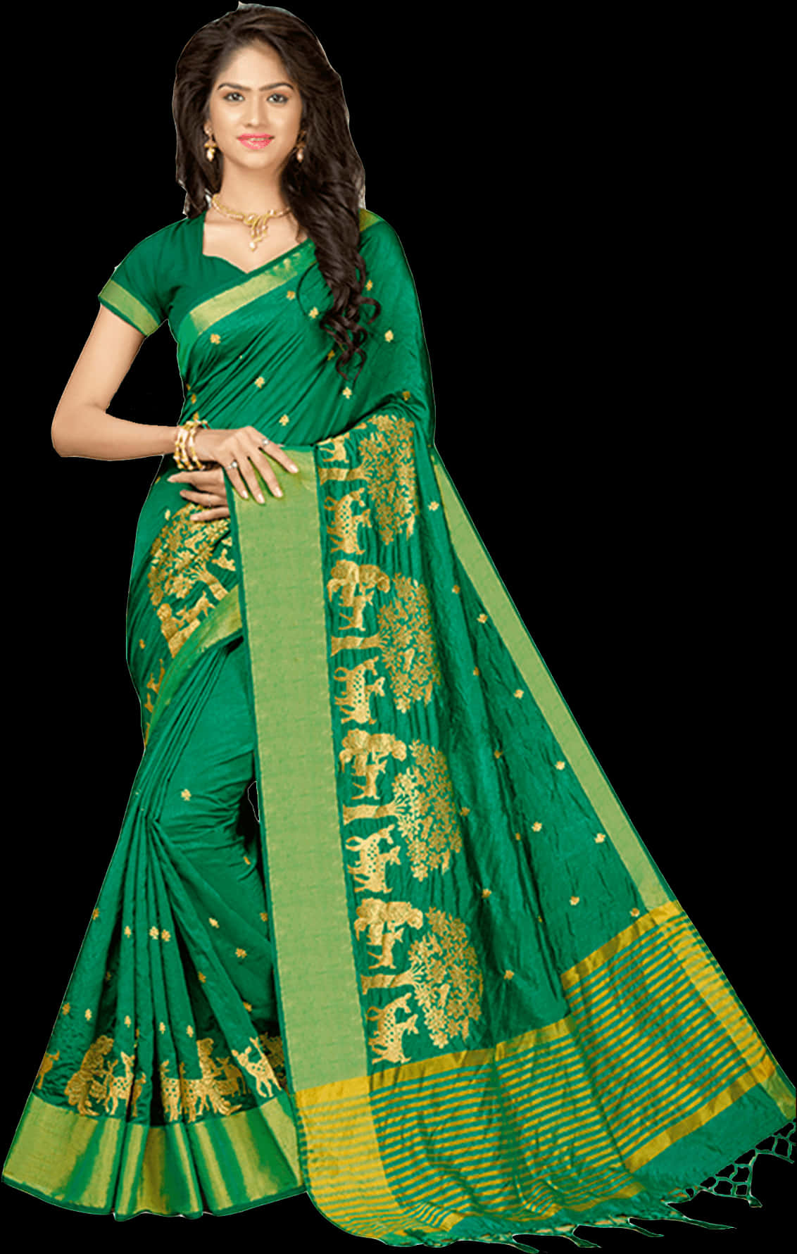 Elegant Green Saree Model PNG Image