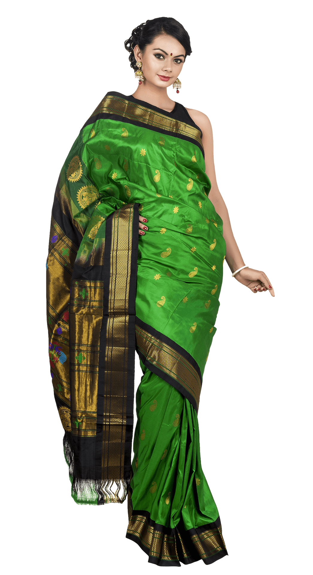 Elegant Green Saree Traditional Attire PNG Image