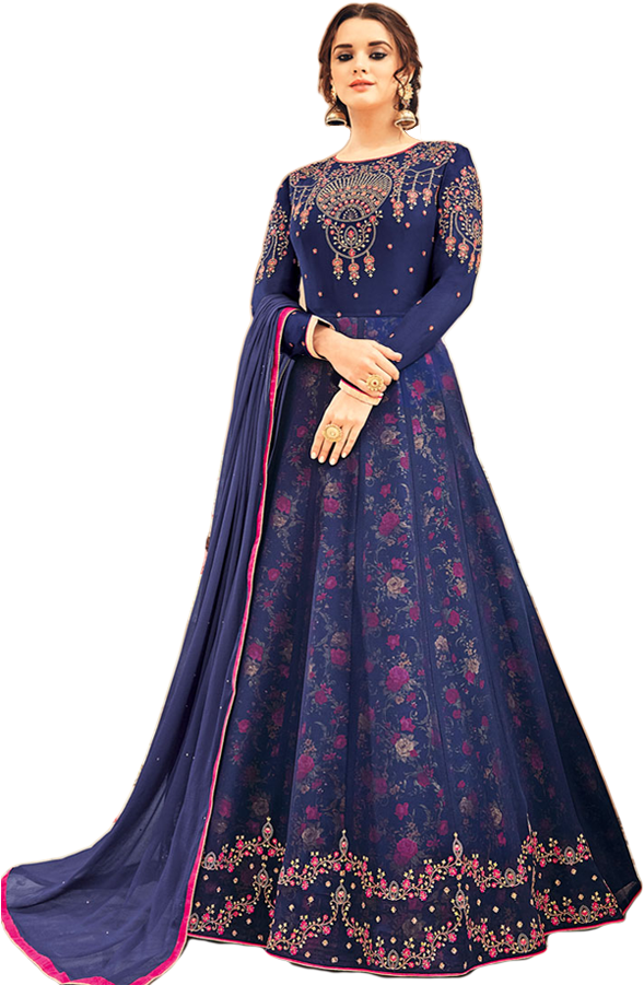 Elegant Navy Blue Embroidered Salwar Suit PNG Image