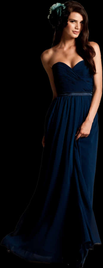 Elegant Navy Blue Evening Gown PNG Image