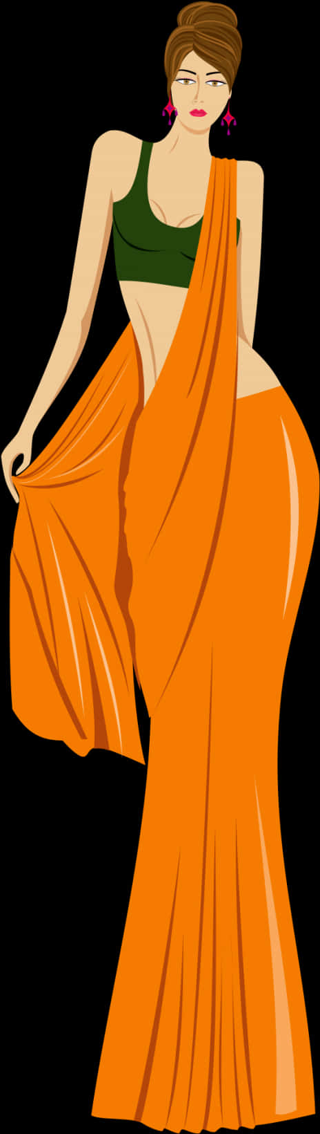 Elegant Orange Saree Vector Illustration PNG Image