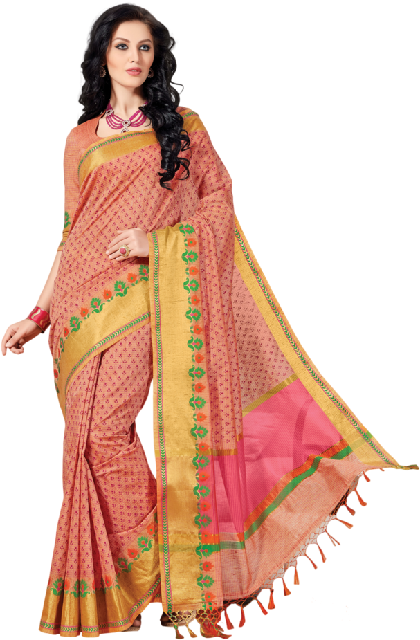 Elegant Peach Saree Model Pose PNG Image