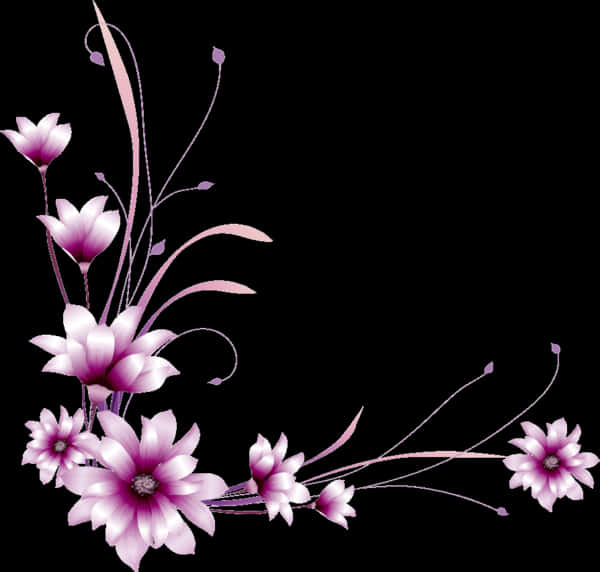 Elegant Pink Floral Designon Black PNG Image