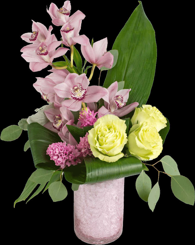 Elegant Pink Orchidsand Green Roses Bouquet PNG Image