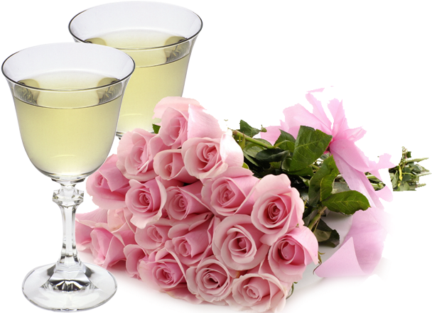 Elegant Pink Rosesand Champagne Flutes PNG Image