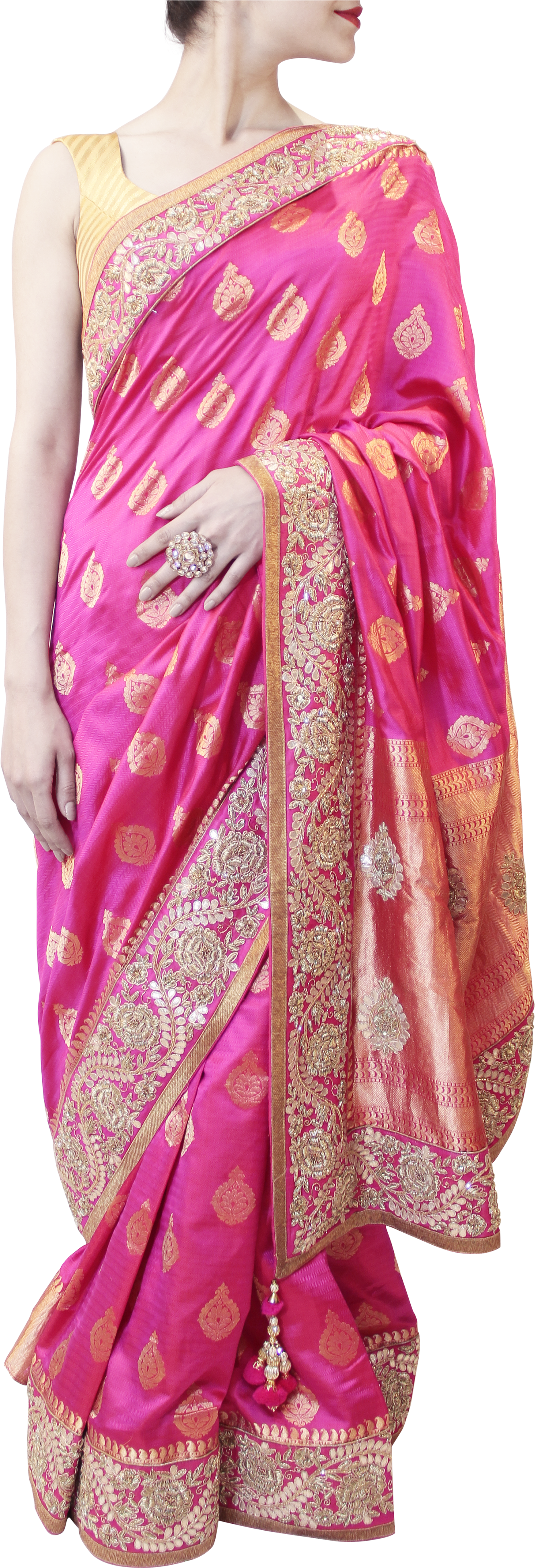 Elegant Pink Sareewith Golden Embroidery PNG Image