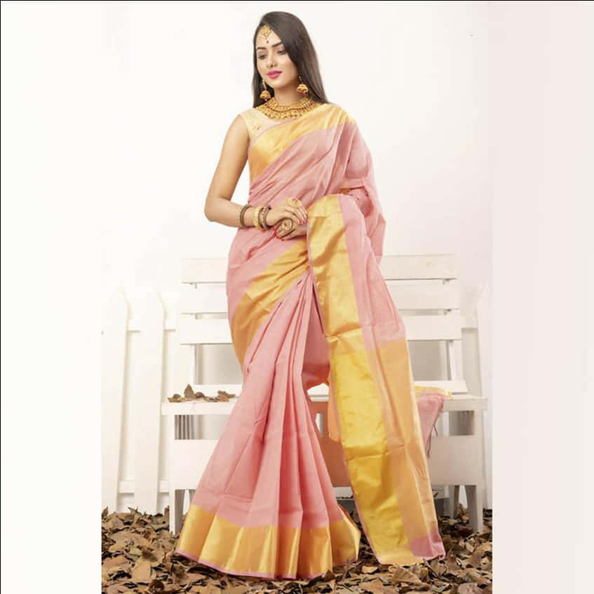 Elegant Pinkand Yellow Saree Model PNG Image