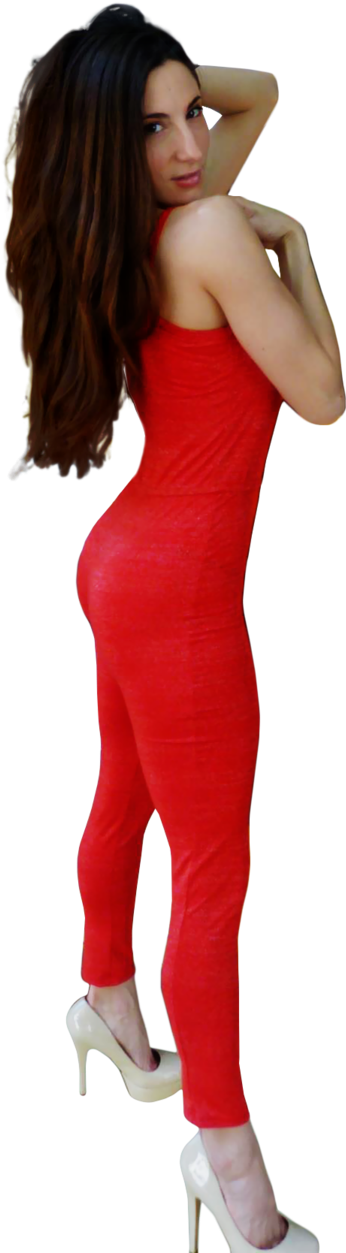 Elegant Red Dress Posing Woman PNG Image