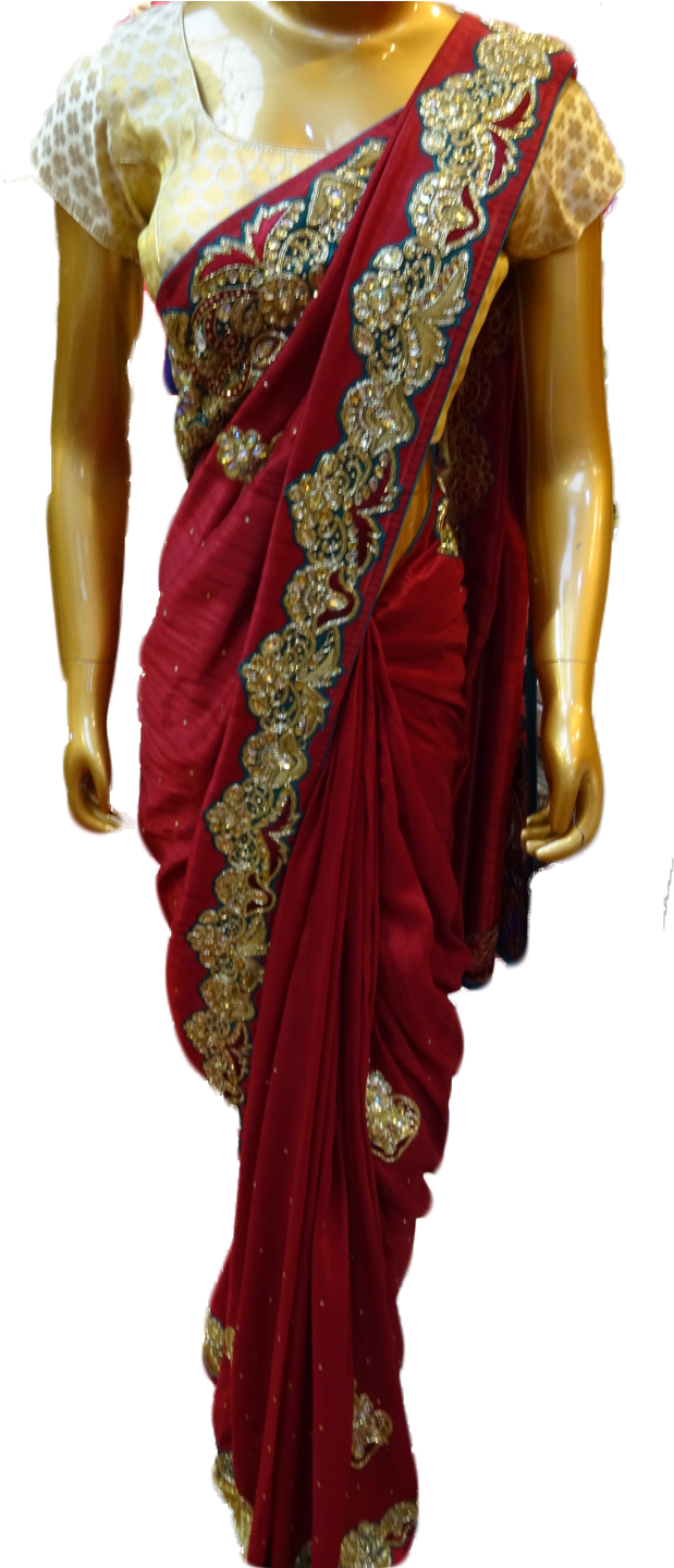 Elegant Red Gold Embroidered Saree PNG Image