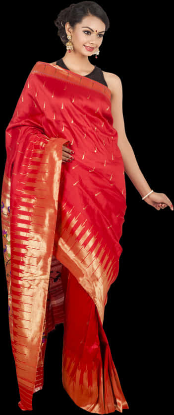 Elegant Red Saree Model PNG Image