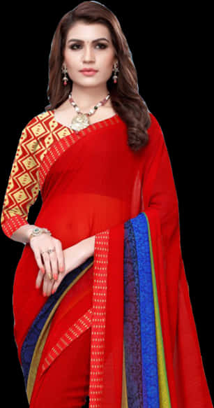 Elegant Red Saree Model PNG Image