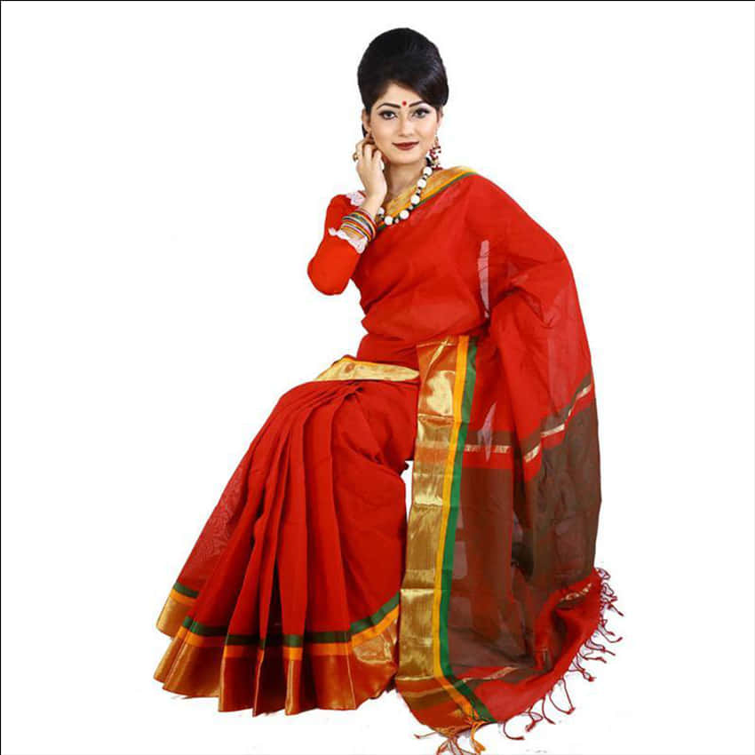 Elegant Red Saree Model PNG Image