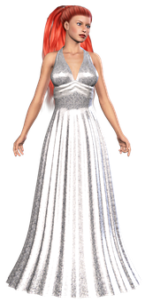 Elegant Redheadin Silver Gown PNG Image