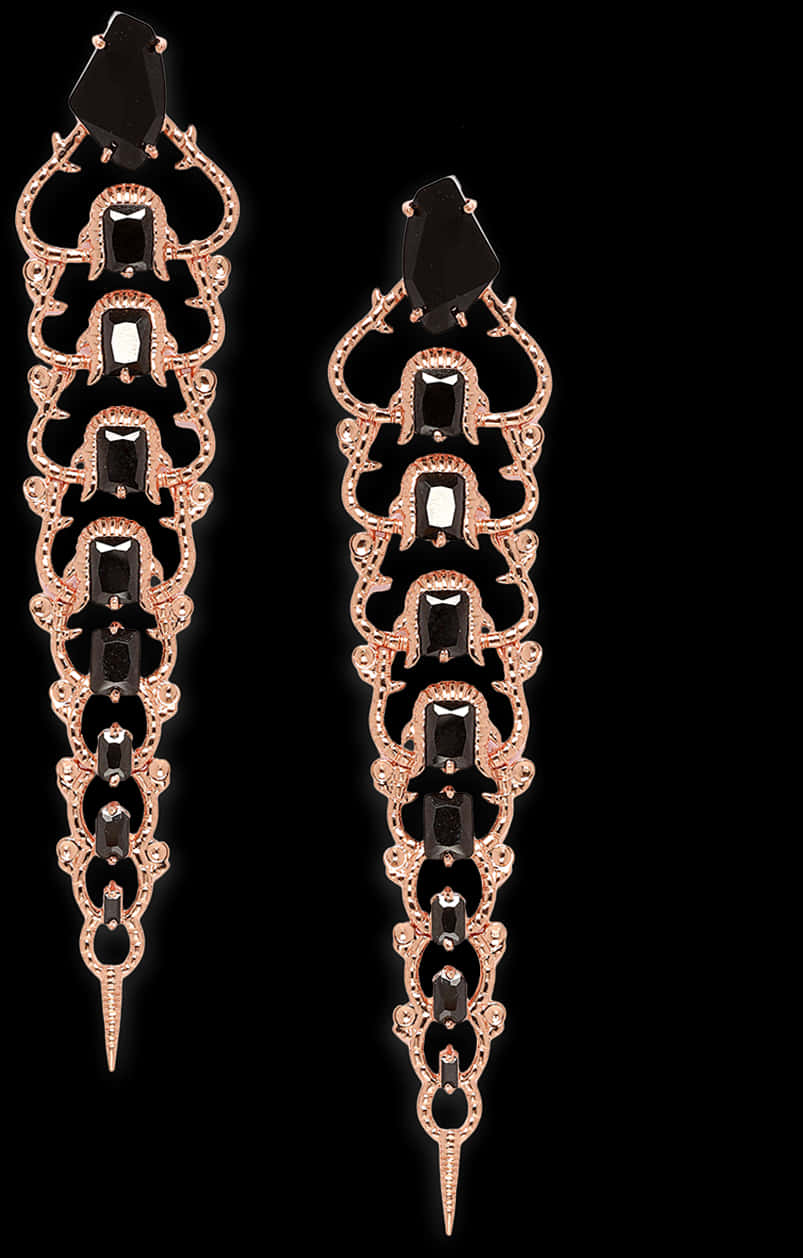 Elegant Rose Gold Earringswith Black Stones PNG Image