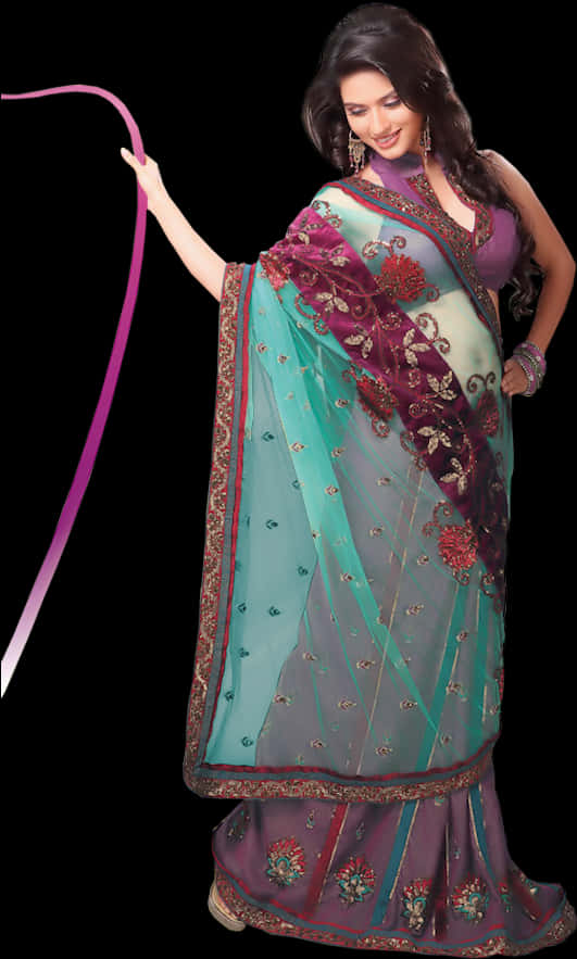 Elegant Saree Model Posing PNG Image