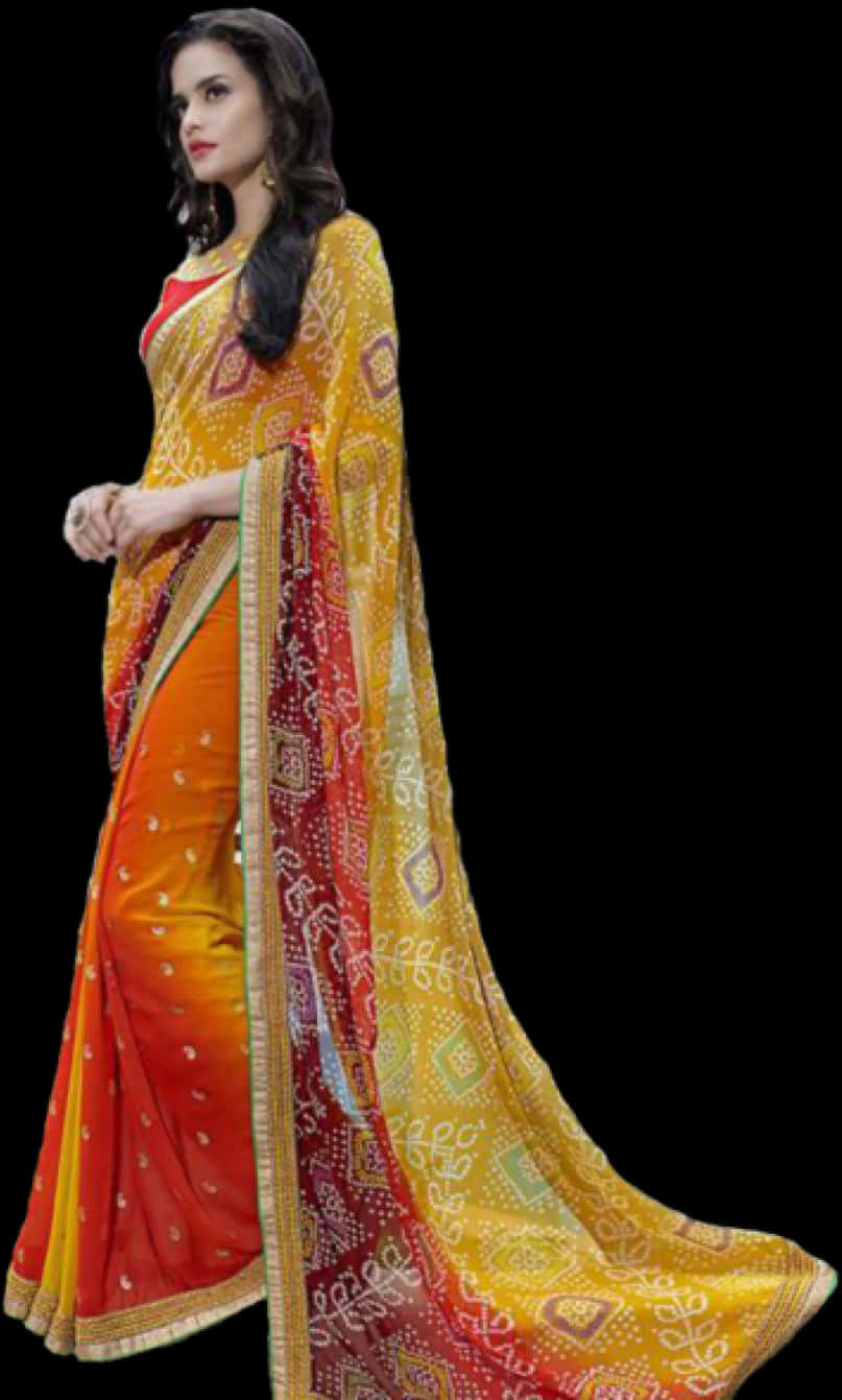 Elegant Saree Model Showcasing Traditional Attire PNG Image