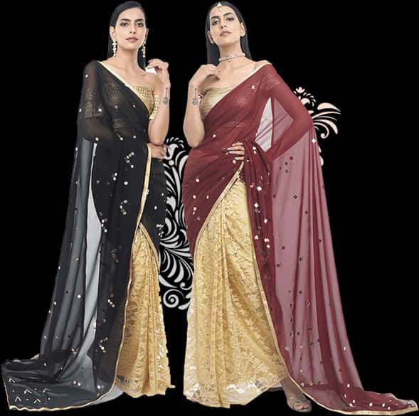 Elegant Saree Models Showcasing Traditional Attire PNG Image