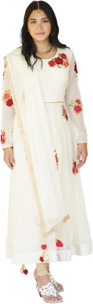 Elegant White Salwar Suitwith Floral Embroidery PNG Image