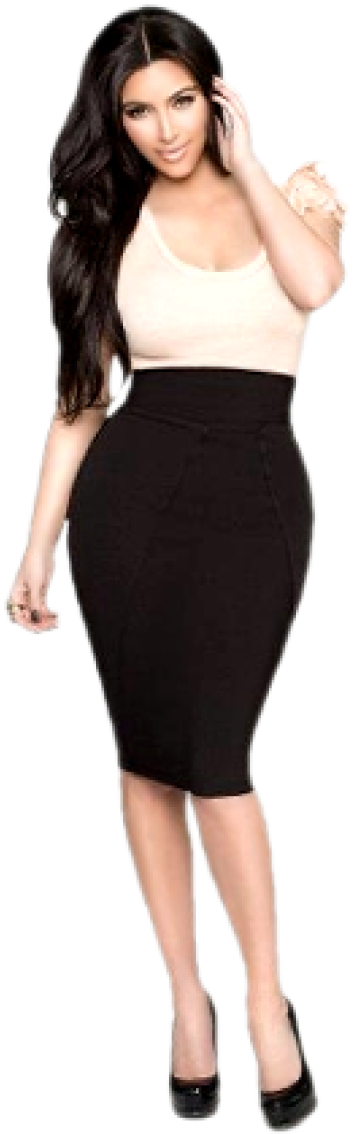 Elegant Womanin Black Skirtand Beige Top PNG Image