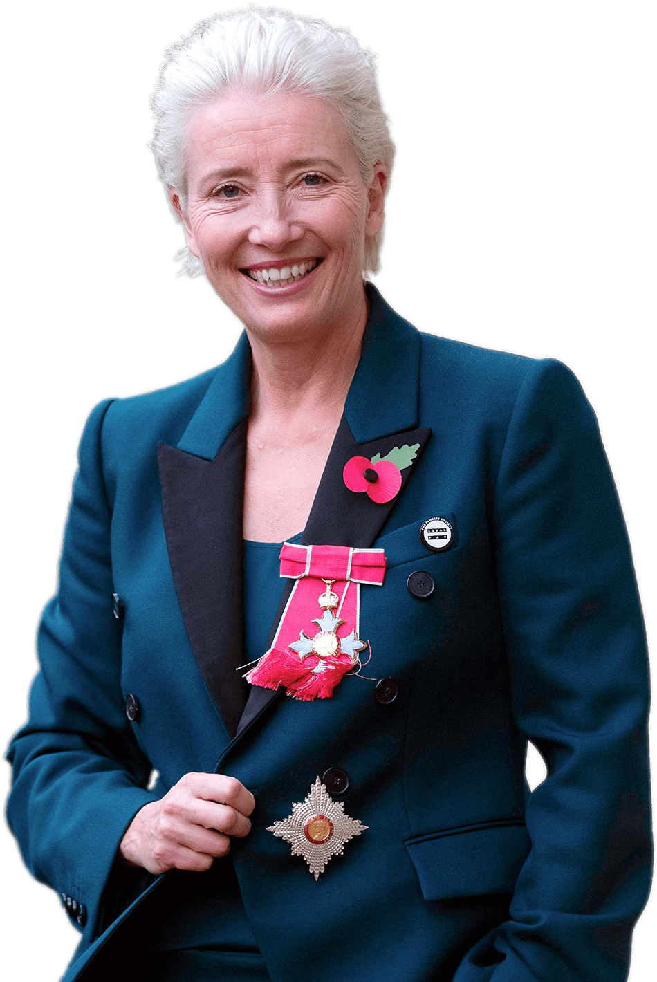 Elegant Womanin Blue Suitwith Medals PNG Image