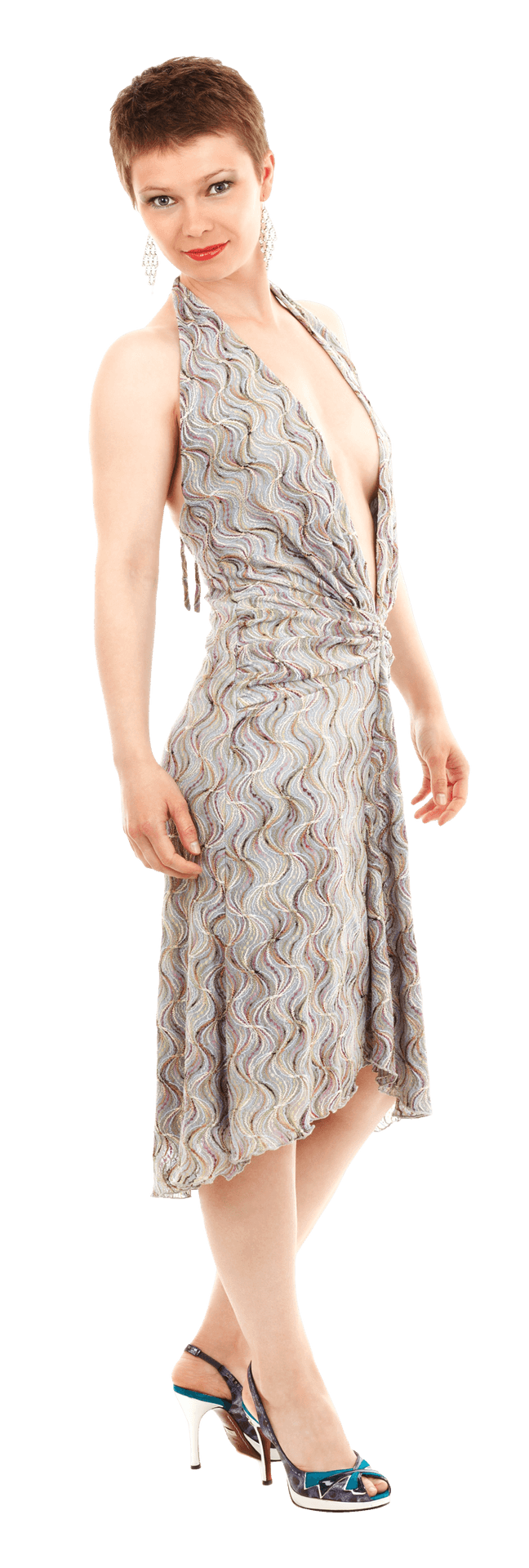 Elegant Womanin Patterned Dress PNG Image