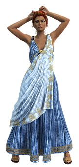 Elegant3 D Modelin Blue Sari PNG Image