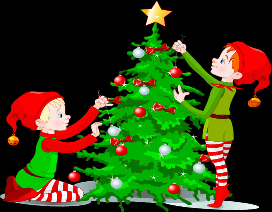 Elves Decorating Christmas Tree PNG Image