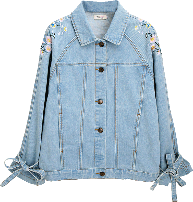 Embroidered Denim Jacketwith Tie Sleeves PNG Image