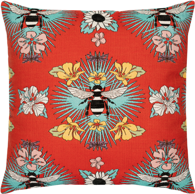 Embroidered Floral Bee Pattern Cushion PNG Image