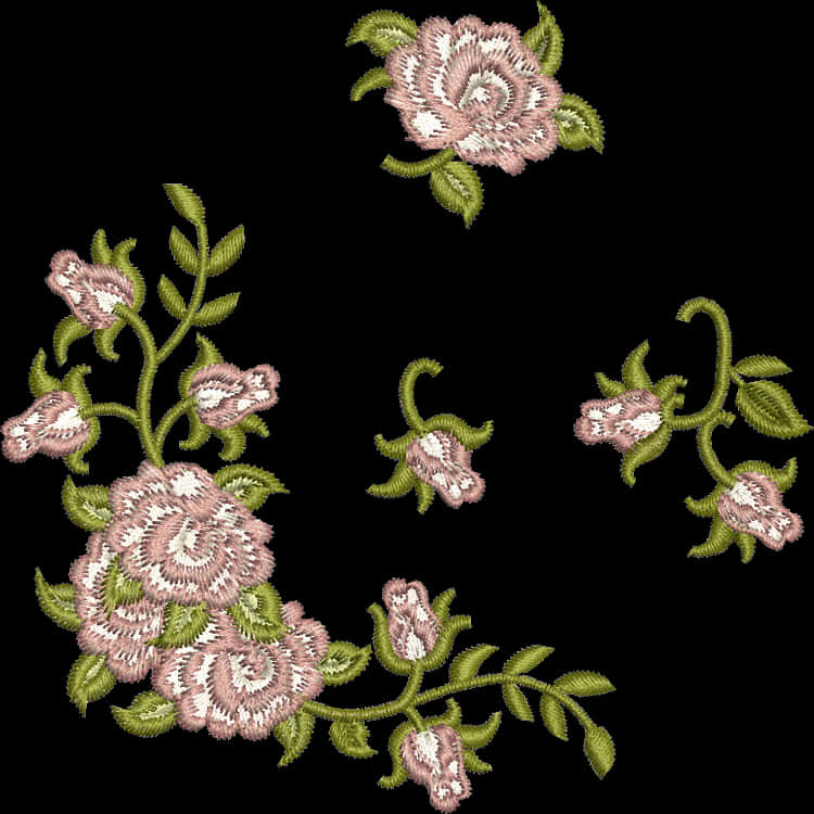 Embroidered Floral Designon Black Background PNG Image