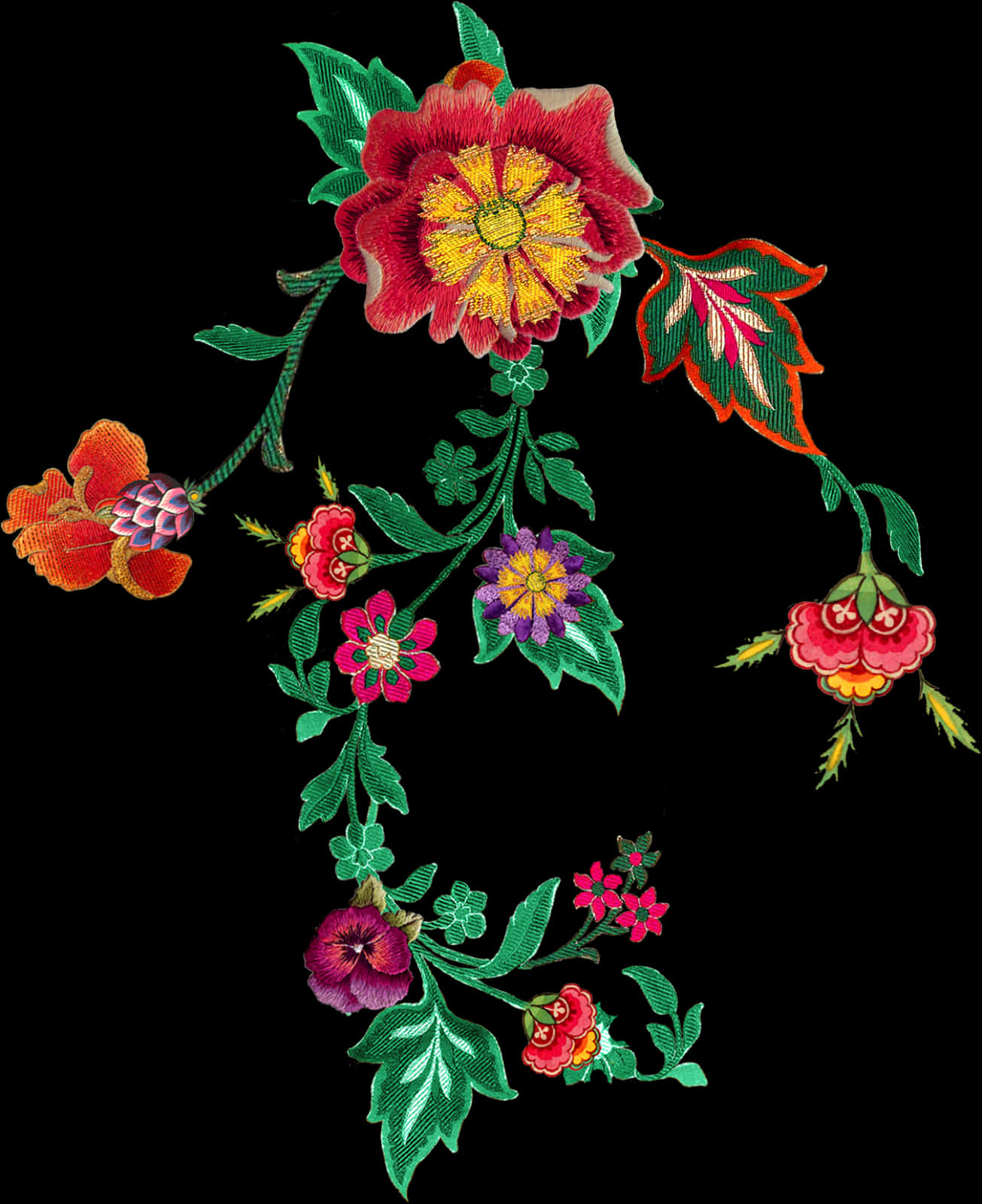 Embroidered Floral Designon Black PNG Image