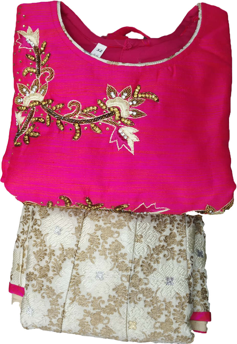 Embroidered Pink Blouse And Beige Lehenga Skirt PNG Image