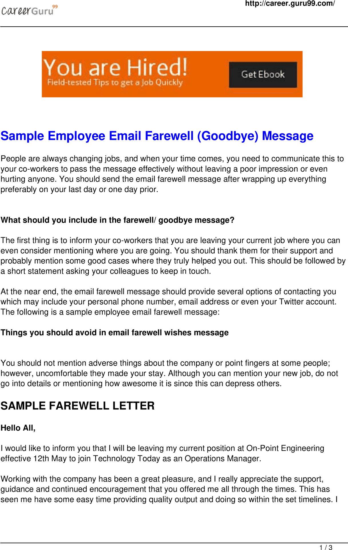 Employee Farewell Email Example PNG Image